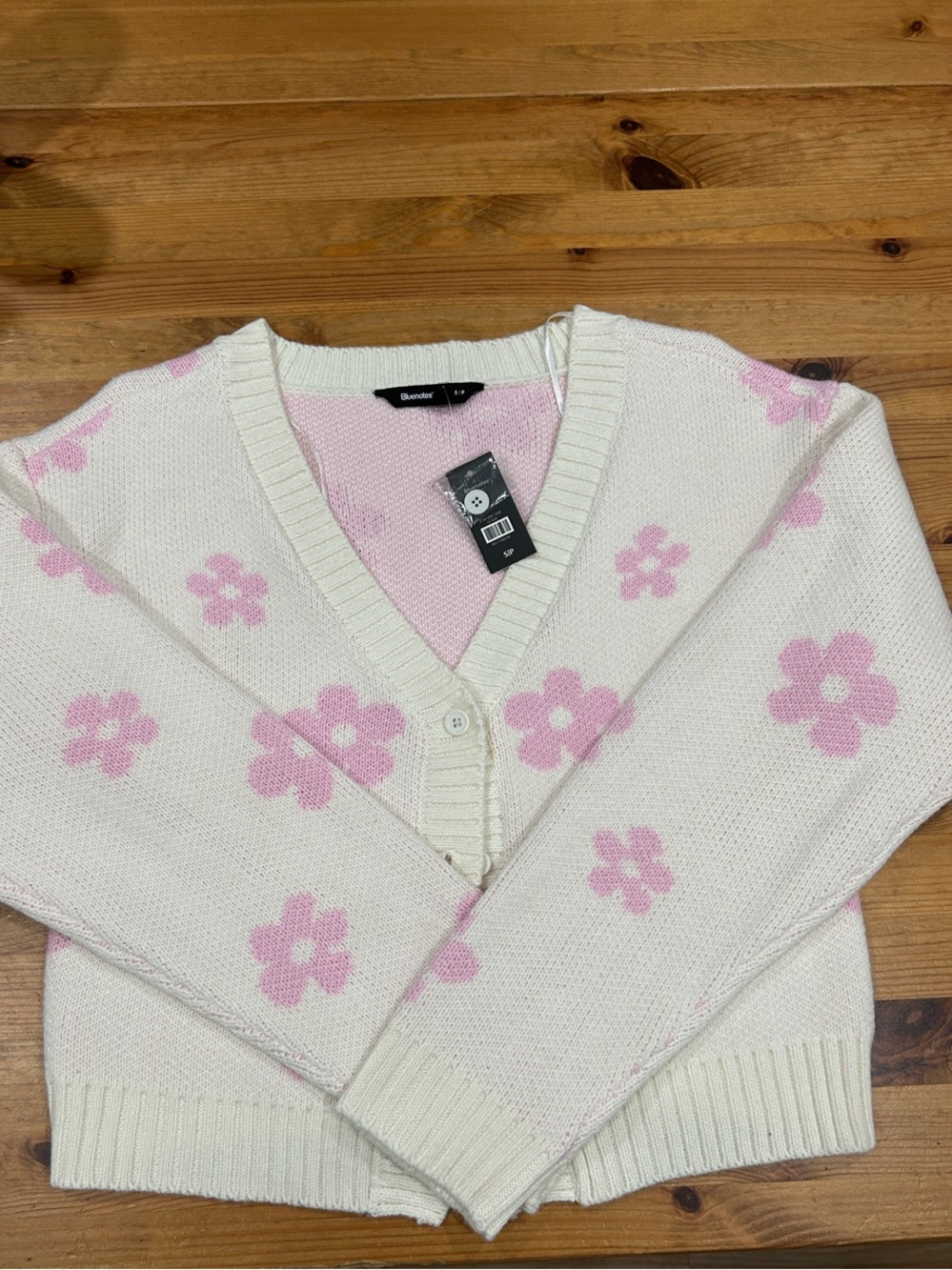 Blank NYC Cream Cardigan with Pink Floral Knit